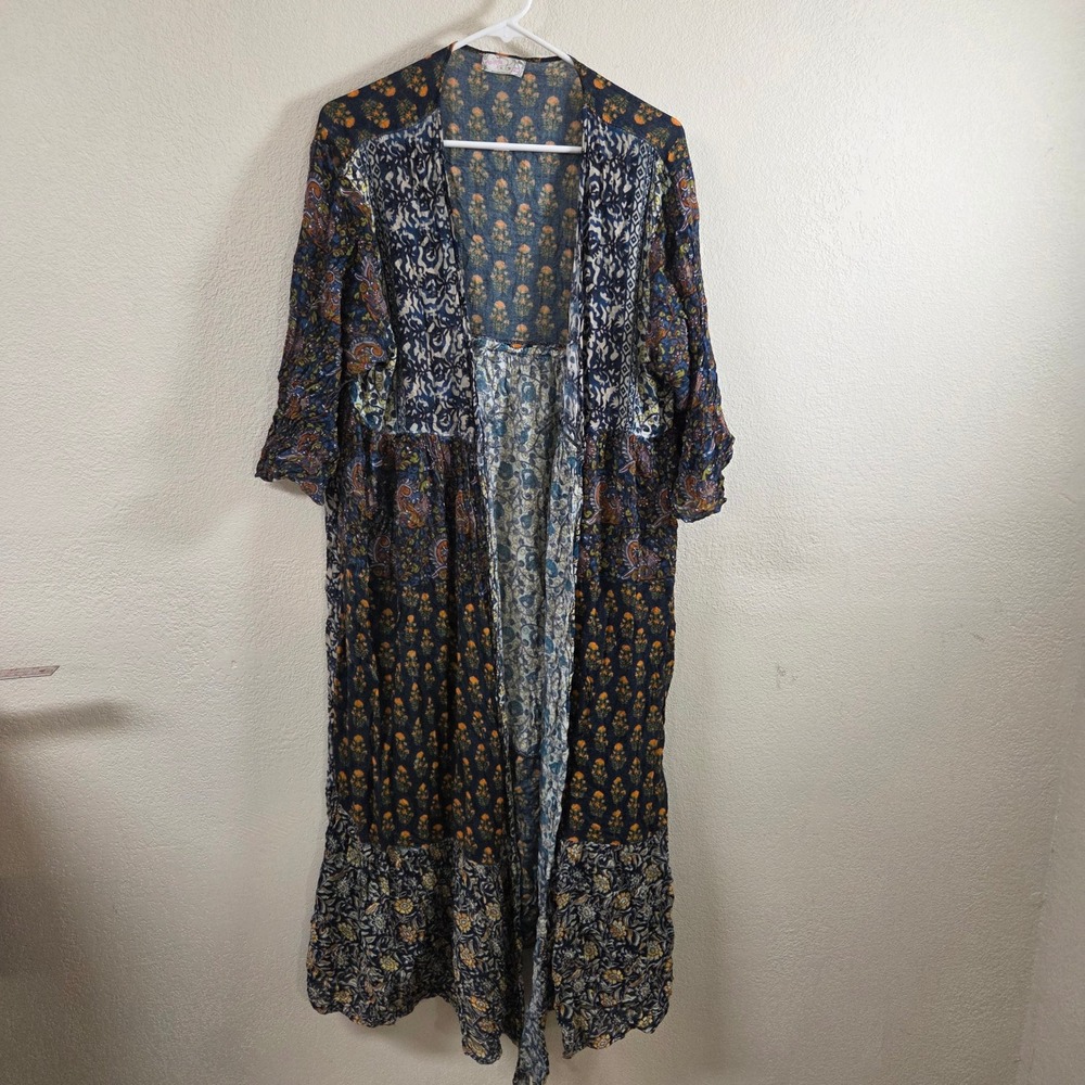 Free People One Size Mixed Floral Paisley Patchwork Maxi Kimono Duster Navy Blue